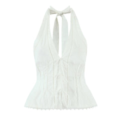 White Bow Halter V neck Button Top