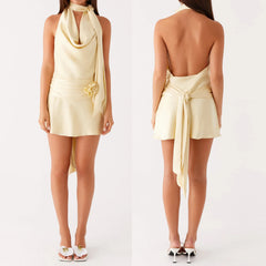 Yellow Choker Halter Cowl Neck Satin 3D Flower Mini Dress