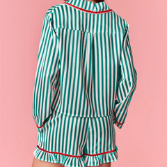 Stripe Solid Trim Long Sleeve Button Down Shirt And Ruffle Shorts Sleepwear Set