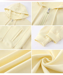 Collage of a light yellow hoodie with zipper details on a white background