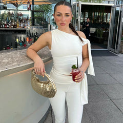 White 2 Piece Lace-up One Shoulder Top Knee Length Pant Suit