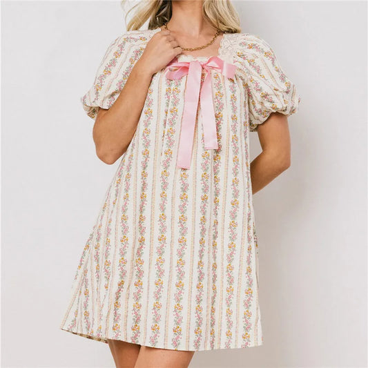 Ribbon Bow Puff Short Sleeve Floral Print Mini Dress