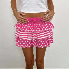 Pink Polka Dot Print Tiered Drawstring Mini Skirt