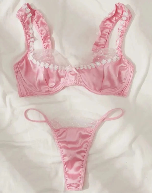 Pink Satin Flower Strap Lingerie Set - Free From Label