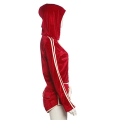 Red Velvet Zipper Crop Hoodie And Shorts Set