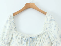 Blue Floral Puff Sleeve Corset Lace Up Midi Dress