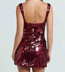 Sequin  Square Neck Wide Shoulder Strap Mini Dress