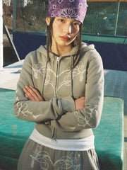 Vine And Heart Graphic Crop Zip-Up Hoodie