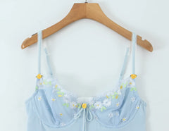 Blue Embroidery Lace Strap Babydoll Mini Dress