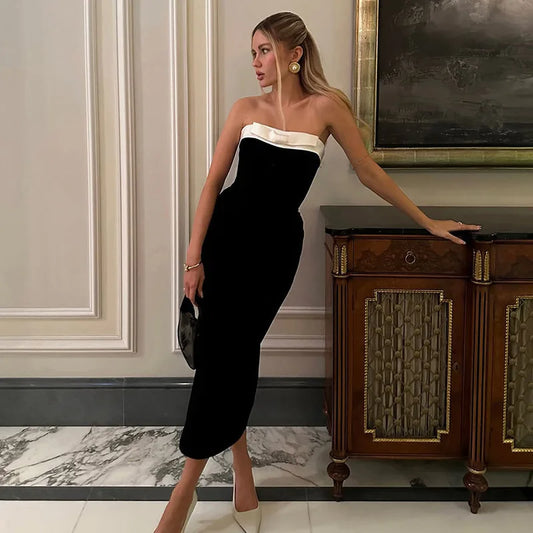 Black Bow Strapless Bodycon Midi Dress