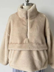 Faux Fur  Stand Collar Zip Long Sleeve Sweatshirt