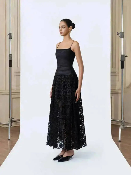 Black Pleated Strappy Mesh Hem Maxi Dress