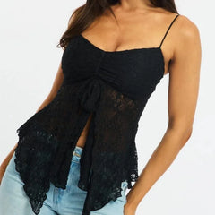 Lace Spaghetti Strap Handkerchief Hem Sheer Top