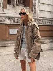 Brown Suede Zipper Cropped Jacket