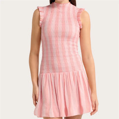 Striped Smocked Mock Neck Ruffle Sleeveless Mini Dress