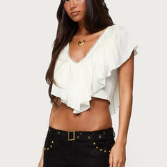 White Frill Trim V-Neck Crop Top