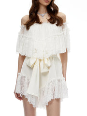 White Lace Off-Shoulder Tie Up Frill Mini Dress