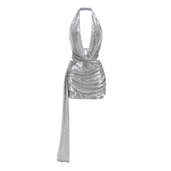 Silver Sequin Halter Deep Neck Backless Draped Mini Dress