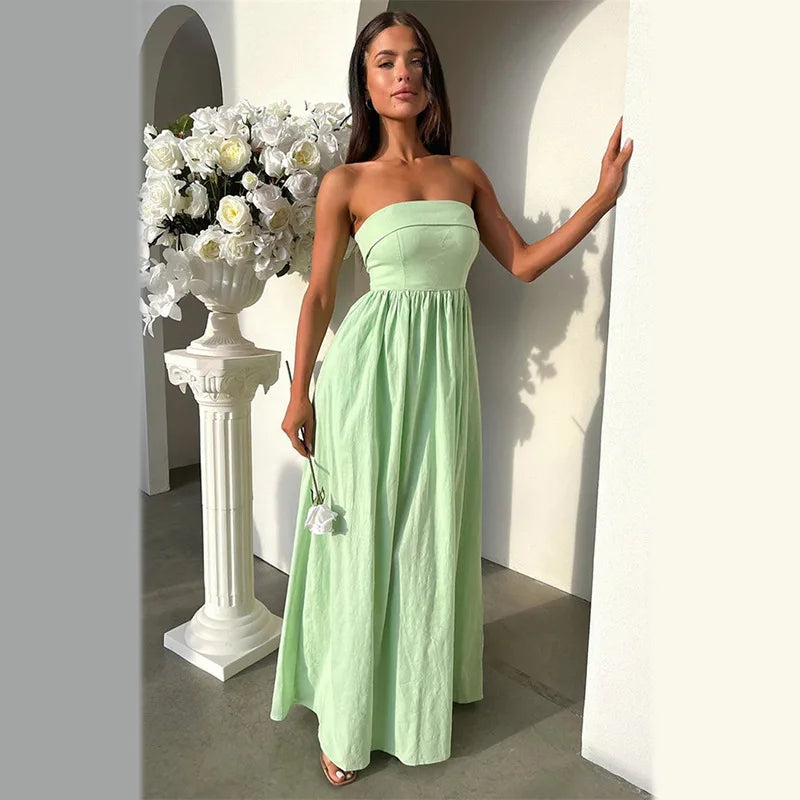 Wrapped Chest A-Line Strapless Open Back Solid Long Dress