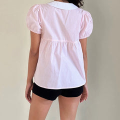 Pink Short Sleeve Collar Babydoll Blouse