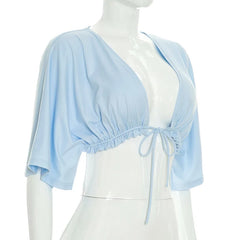 Deep Neck Drawstring Tie Up Crop Top