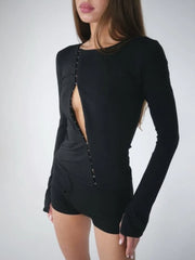 Button Long Sleeve Hollowed Out Top