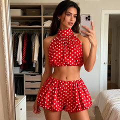Polka Dot Halter Crop Top And Mini Bubble Skirt Set
