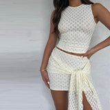 White Embroidered Tank Top And Tie Up Mini Skirt Set