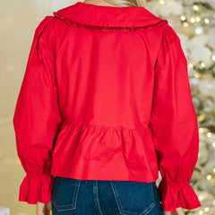 Red Ribbon Bow Doll Collar Long Sleeve Ruffled Blouse