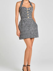 Black Plaid Tweed Halter Dress