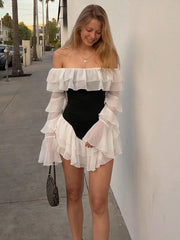 Tiered Slash Neck Full Sleeve Bodycon Mini Dress