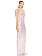 Pink O-Neck Folds Diamonds Long Dress
