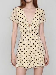 Short Sleeve Polka Dot Bow-Tied V-Neck Mini Dress
