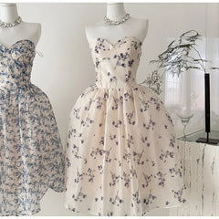 Strapless Floral Corset Fishbone Midi Dress