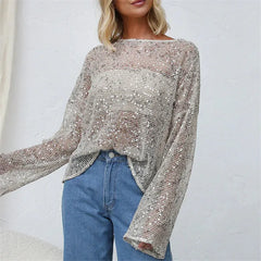 Silver Sequin Mesh Long Sleeve Top