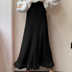 Pleated Patchwork Mid-length A-line Knitted Skirt Free From Label