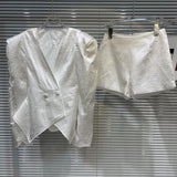 Long Puff Sleeve V Neck Padded Shoulder Coat Ruched Shorts Suits