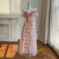 Pink Floral Off-the-Shoulder Mesh Drape Midi Dress
