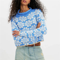 Floral Jacquard Cropped Knit Roll Neck Sweater