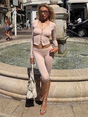 Lace Trim Button Front Cropped Top And Capri Pants Set