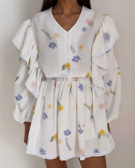 White Printed Ruffle Long Sleeve Shirt And Shorts Set