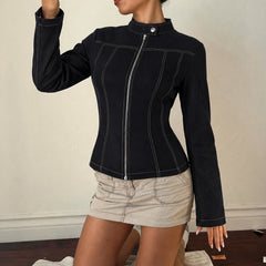 Contrast Stitch Stand Collar Zip Up Motorcycle Jacket