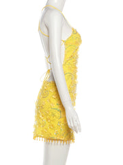 Yellow Sequin Beaded Tassel Open Back Strappy Mini Dress