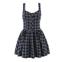 Blue Plaid Print Buttoned Tank Mini Dress