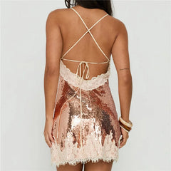 Gold Sequin Lace Trim Spaghetti Strap Mini Dress