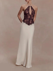 White Lace Black Patchwork Halter Maxi Dress