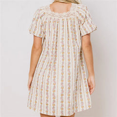 Ribbon Bow Puff Short Sleeve Floral Print Mini Dress