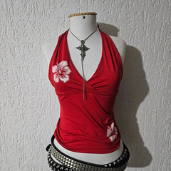 Red Halter Hibiscus Print Top