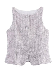 Grey Tweed Sleeveless Vest And Puff Mini Skirt Set