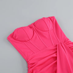 Strapless Rose Corset Pleated Asymmetrical Split Maxi Dress